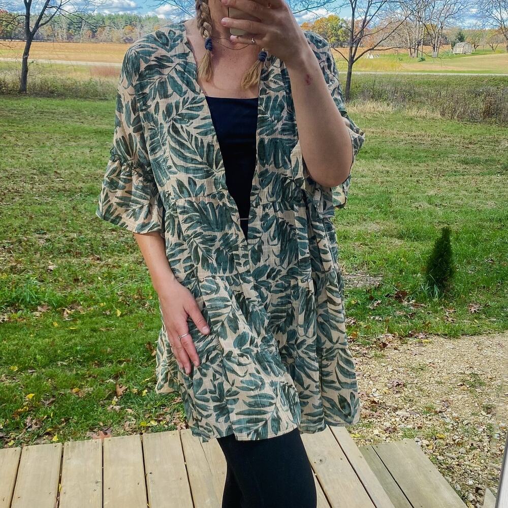 Hayden tan and green tropical print open lightweight duster top